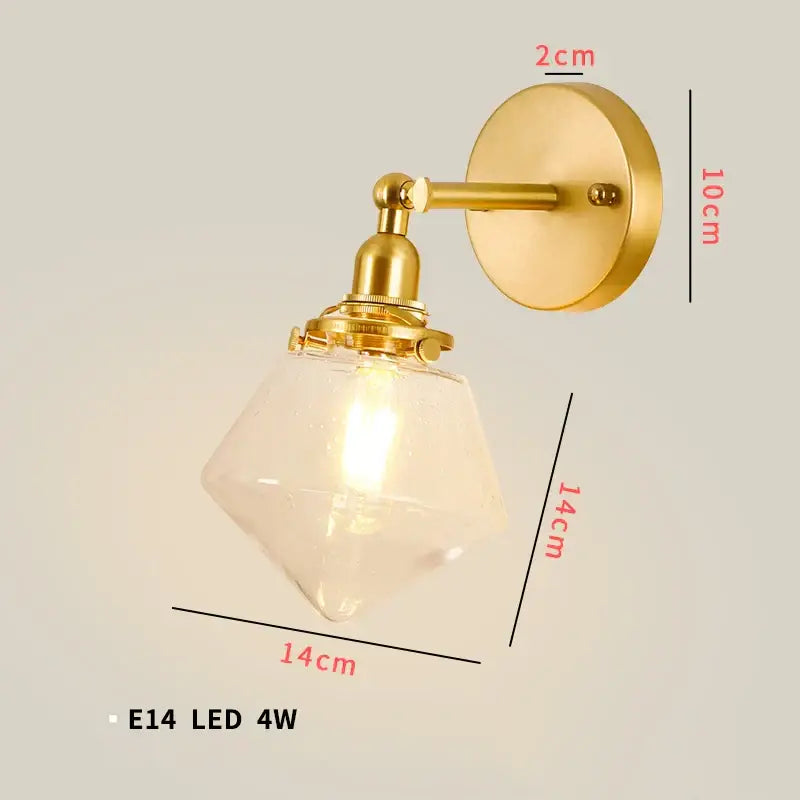 Gold-finished vintage brass chevron clear glass led wall lamp with faceted glass shade for bedroom sconce