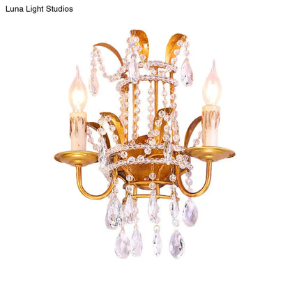 Vintage brass clear crystal wall lamp chandelier sconce with gold finish direct wired for bedroom use