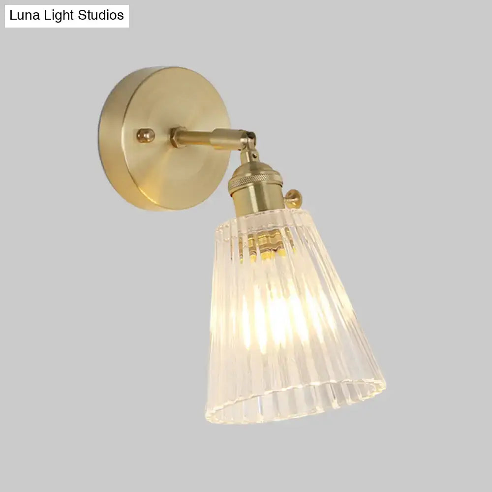 Vintage brass clear ribbed glass wall sconce with led incandescent fluorescent compatibility for bedroom lighting
