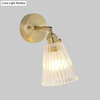 Vintage brass clear ribbed glass wall sconce with led incandescent fluorescent compatibility for bedroom lighting