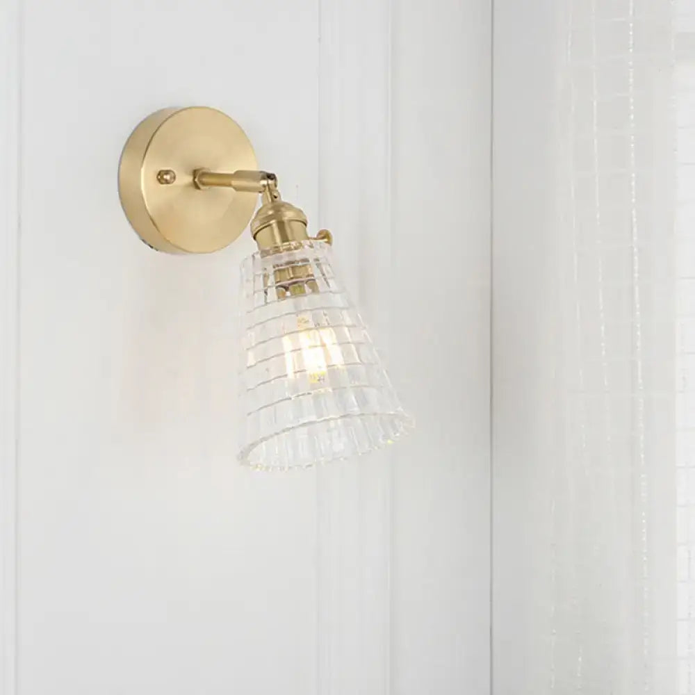 Vintage brass clear ribbed glass wall sconce with led incandescent fluorescent compatible light for bedroom use