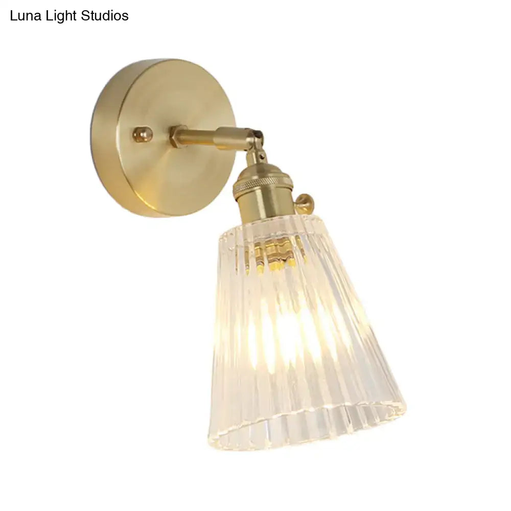 Vintage brass clear ribbed glass wall sconce with led incandescent fluorescent compatibility for bedroom lighting