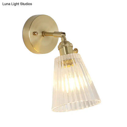 Vintage brass clear ribbed glass wall sconce with led incandescent fluorescent compatibility for bedroom lighting