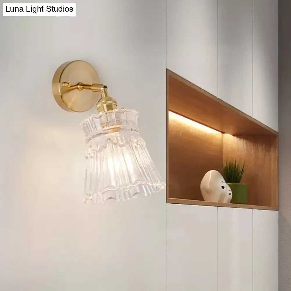 Vintage brass clear ribbed glass wall sconce with fluted lampshade and led incandescent compatible gold metal arm