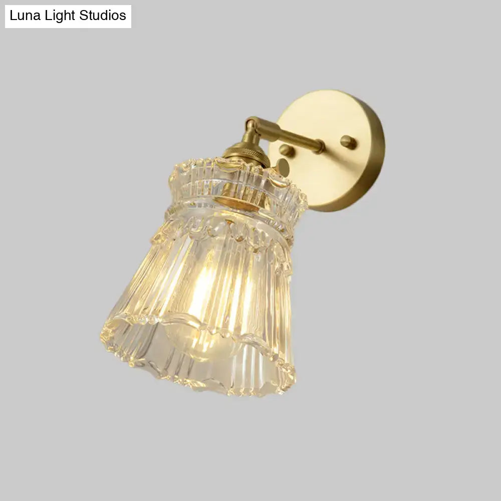 Vintage brass clear ribbed glass wall sconce with led incandescent compatibility for bedroom lighting