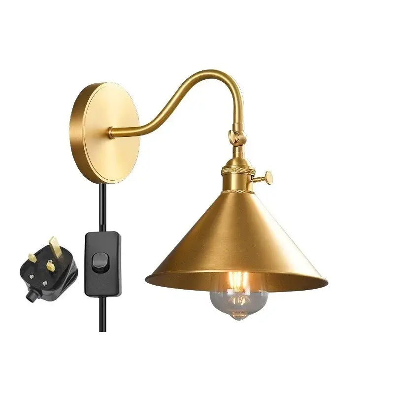 Brass-finished vintage led copper wall light with curved arm conical shade and exposed bulb for bedroom decorbites led copper