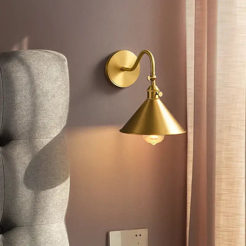 Vintage brass conical led copper wall light with pull chain and curved arm ideal for bedroom wall lights decorbites led copper