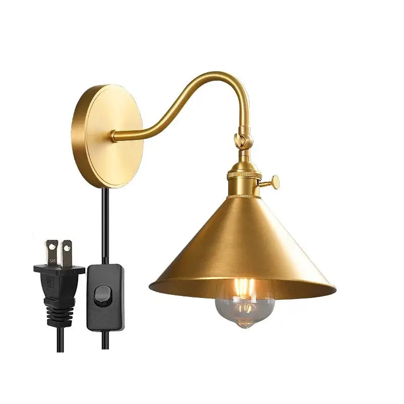 Vintage brass conical led copper wall light with curved arm and pull chain for bedroom decorbites led copper wall lights