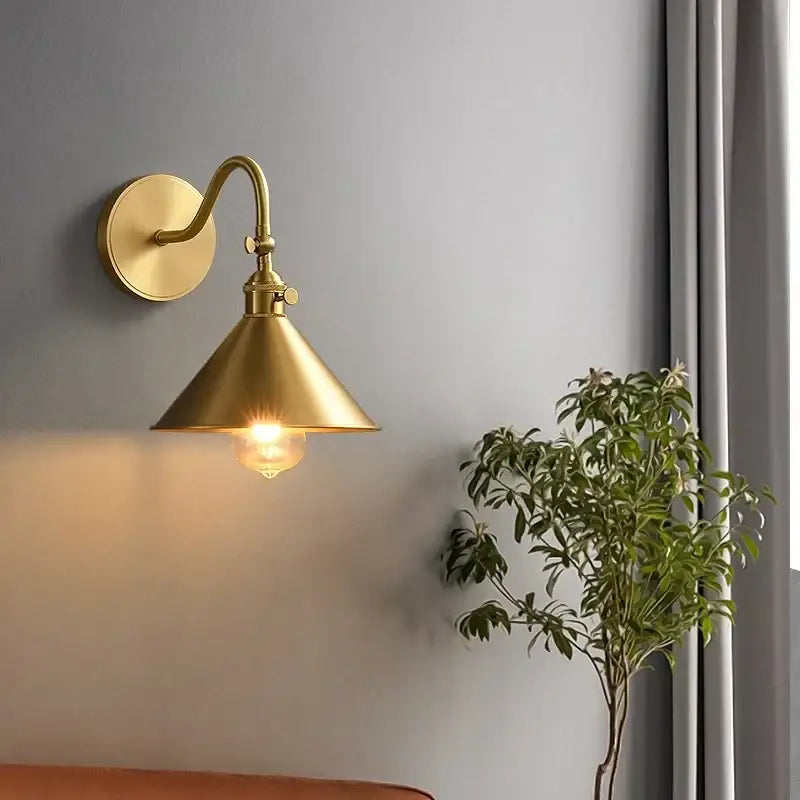 Brass-finished vintage conical led copper wall light with curved arm and pull chain for bedroom decorbites led copper wall use