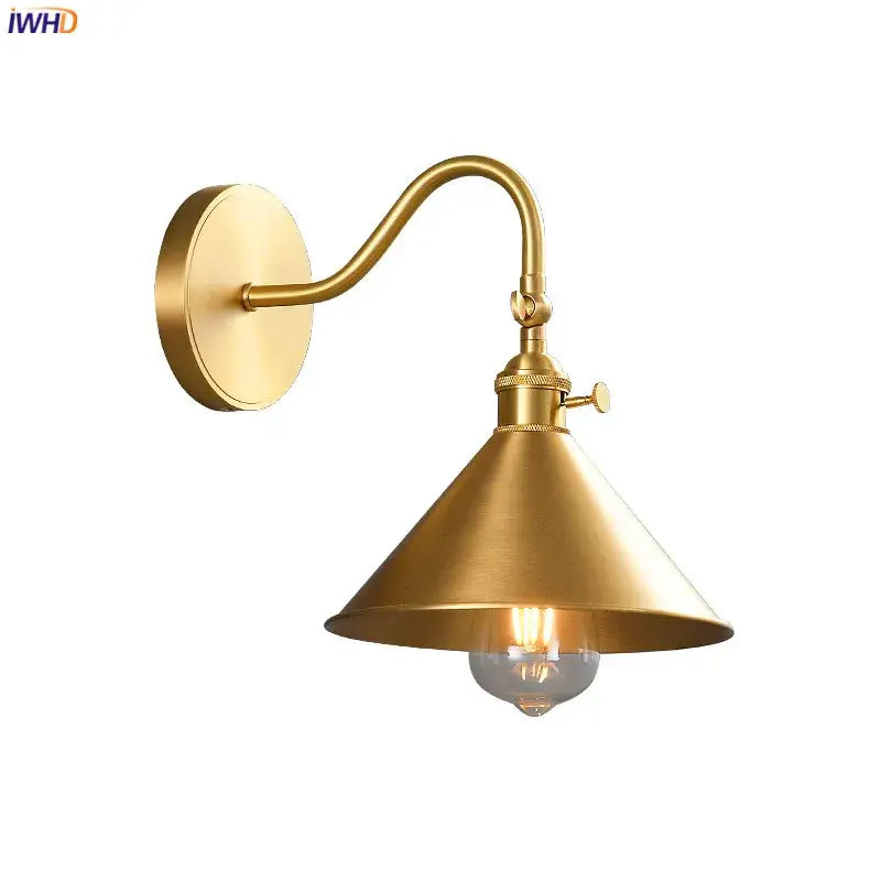 Vintage brass conical led copper wall lights with pull chain featuring brass-finished industrial curved arm wall sconce decorbites led copper wall