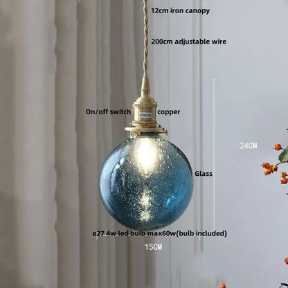 Vintage brass crackled glass globe led pendant light with blue speckled glass globe and brass copper switch canopy