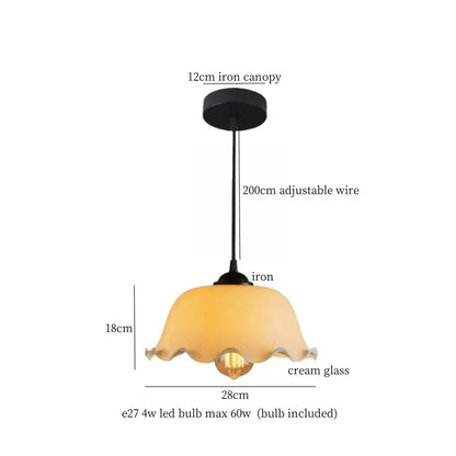 Vintage brass cream glass led pendant light with ruffled edges and adjustable wire for dining room decorbites cream glass