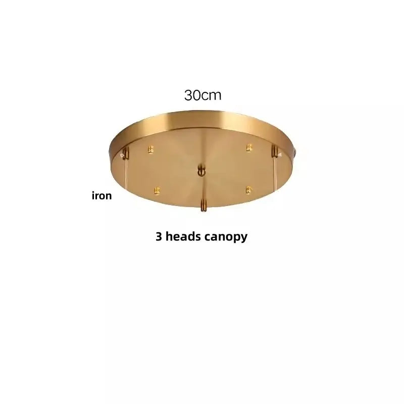 Gold-finished iron ceiling canopy with 30cm diameter and three mounting points for cream glass led pendant lights
