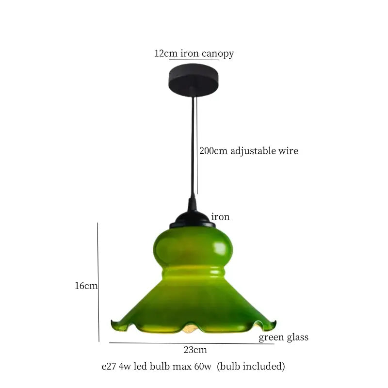 Vintage brass cream glass led pendant light with green glass shade, 12cm iron canopy, and adjustable wire for dining room decor