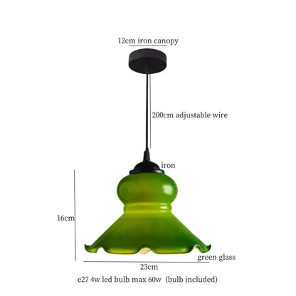 Vintage brass cream glass led pendant light with green glass shade, 12cm iron canopy, and adjustable wire for dining room decor