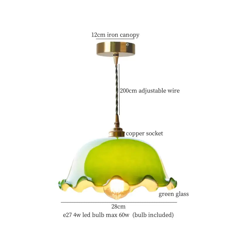A charming green cream glass led pendant light with scalloped edge and brass hardware for dining room decorbites