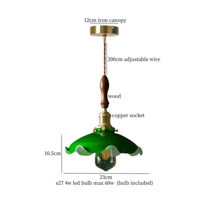 Green glass pendant light with wooden handle and brass accents featuring decorbites cream glass led design for dining room