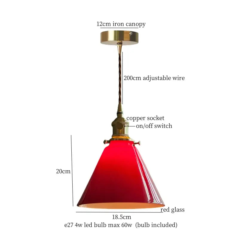 Red glass pendant light with brass iron canopy and copper socket perfect for vintage brass cream glass led decorbites pendant lights