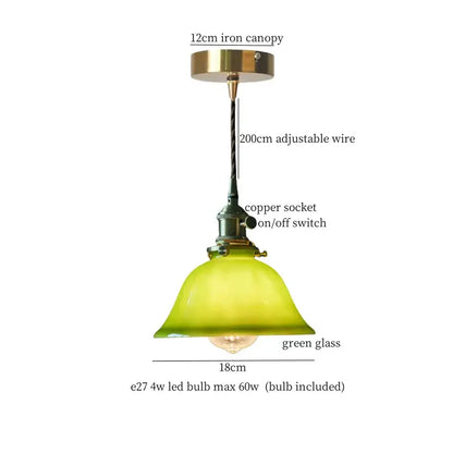 Vintage brass cream glass led pendant light with green bell-shaped glass shade and copper socket for dining room decorbites cream glass