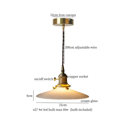 Vintage brass cream glass led pendant light with iron canopy and copper socket perfect for dining room decorbites pendant lights