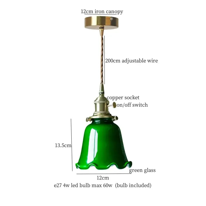 Vintage brass cream glass led pendant light with green bell-shaped glass and copper socket for dining room decorbites cream glass