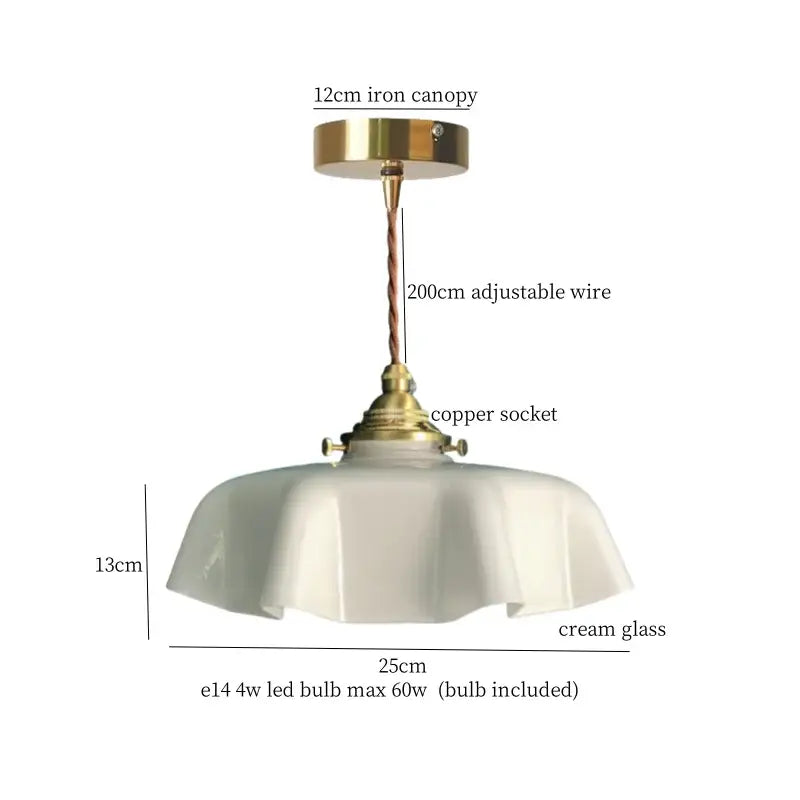 Vintage brass cream glass led pendant light with adjustable wire suspension for dining room decorbites cream glass