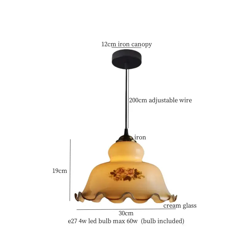 Vintage brass cream glass led pendant light with ruffled floral shade and iron canopy for dining room decorbites cream glass