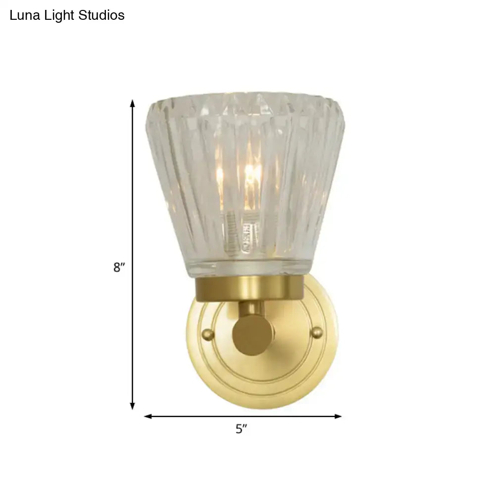 Vintage brass crystal cone light fixture wall sconce with clear faceted glass shade and brushed brass base, fixture height approx 12 inch