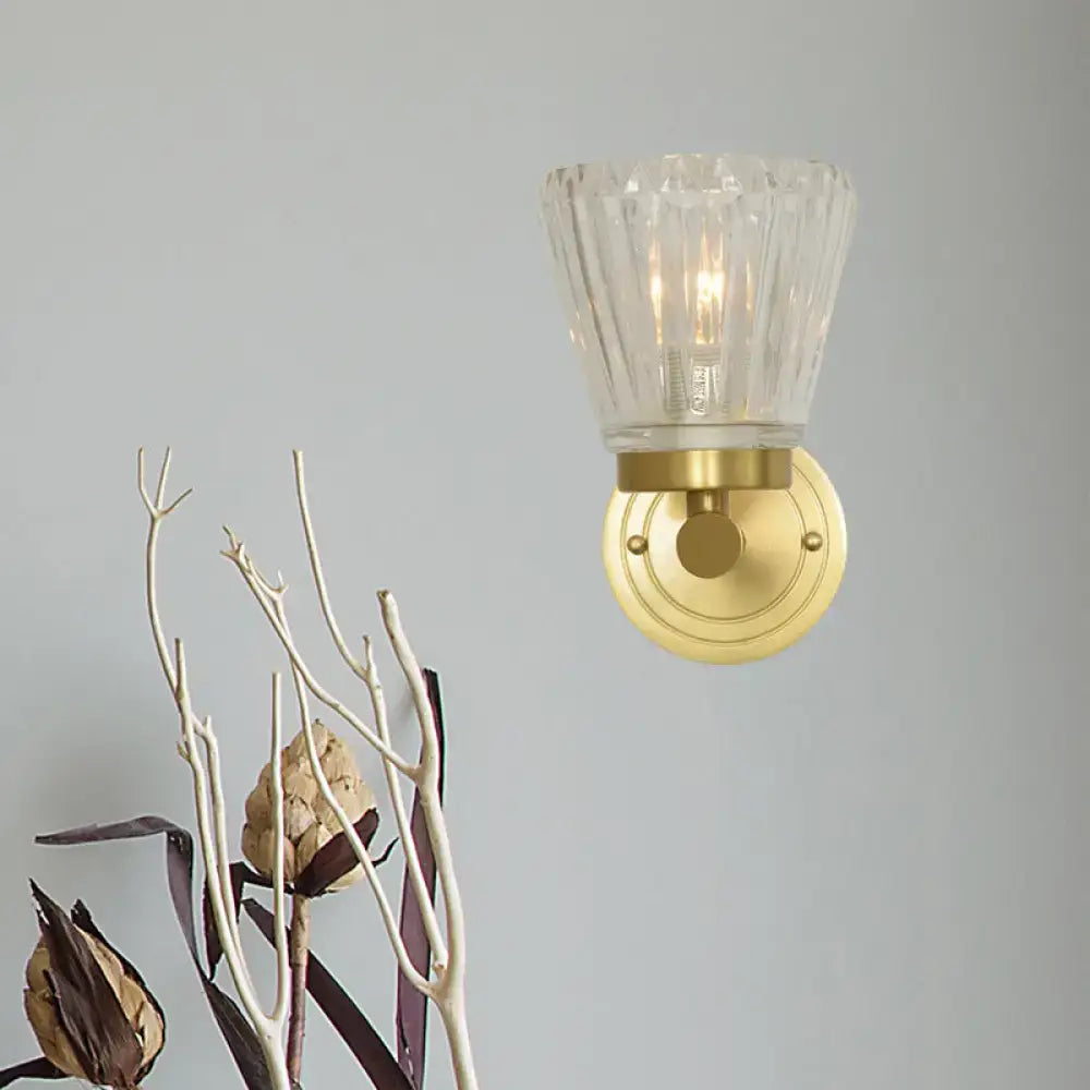 Vintage brass crystal cone light fixture bedroom wall sconce with clear faceted glass shade and brass finish metal base