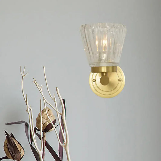 Vintage brass crystal cone light fixture bedroom wall sconce with clear faceted glass shade and brass finish metal base