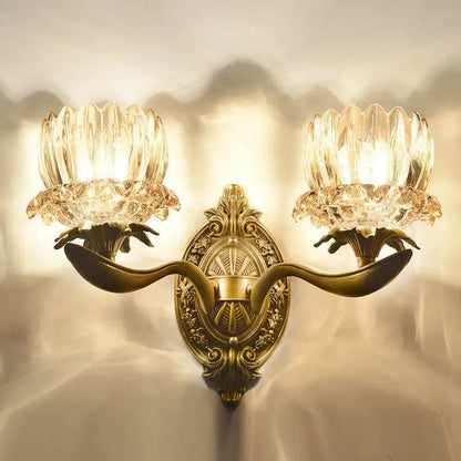 Antique brass wall lamp with two crystal lotus-shaped shades for living room e12 e14 light fixtures