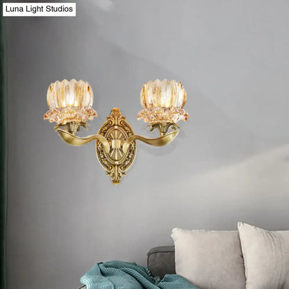 Vintage brass wall lamp with gold-toned ornate design and two fluted crystal shades for living room e12 e14 light bulbs
