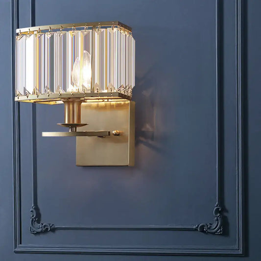 Vintage brass crystal wall sconce with gold-toned vertical prisms and rectangular faceted glass shade e12 bulb base