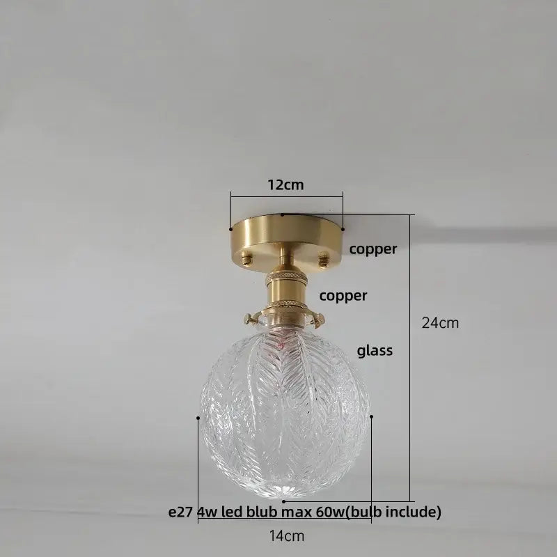 Vintage brass etched glass led ceiling light with clear globe and textured leaf pattern for living room ceiling light