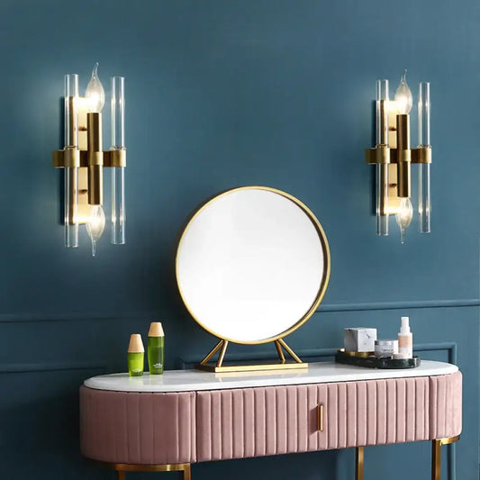 Gold-framed round mirror with tripod stand and vintage brass finish candle wall sconce for living room decor 220v-240v 110v-120v