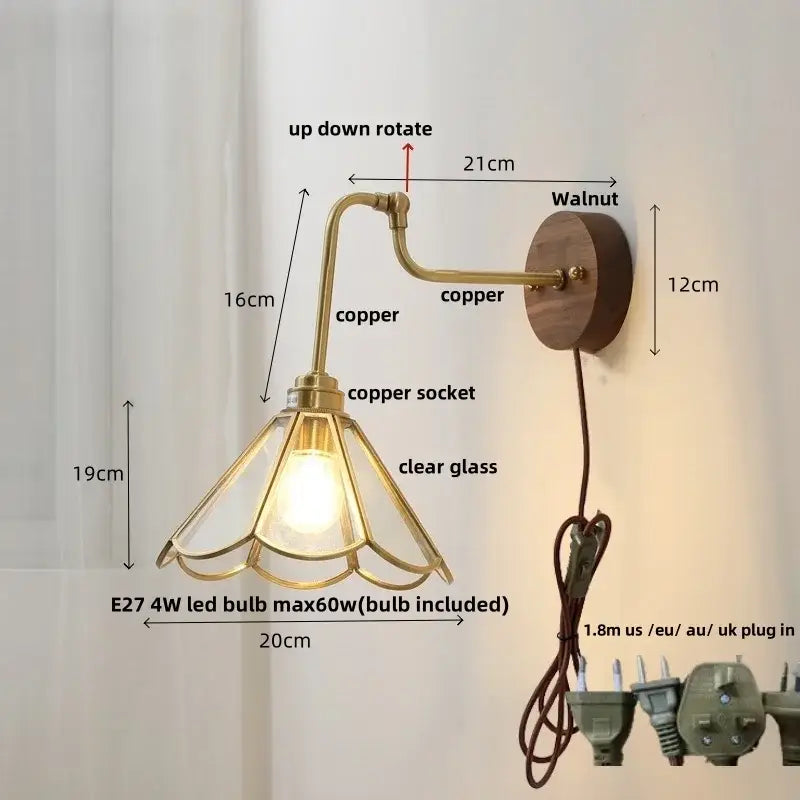 Vintage brass flower led wall lights with rotate pull chain featuring copper sconce clear glass and walnut mount plate