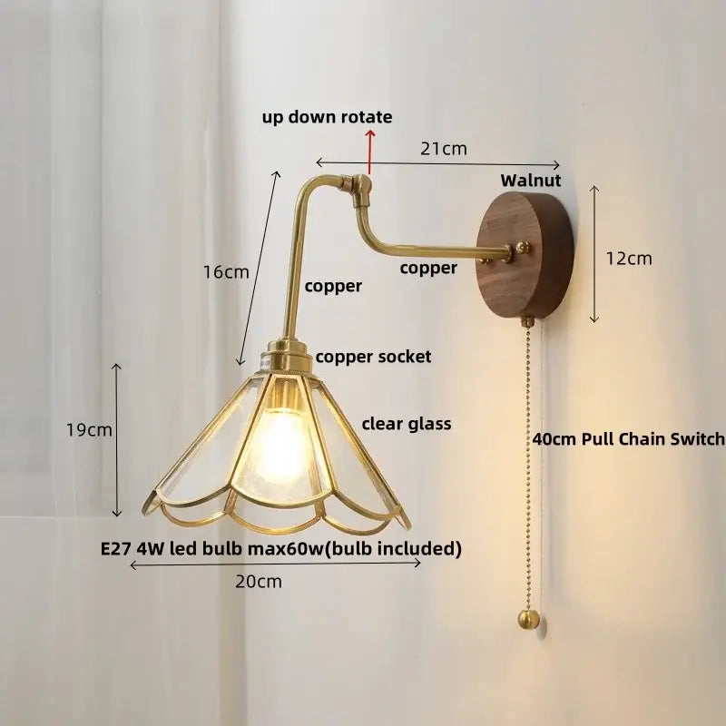 Vintage brass flower led wall lights with copper finish, clear glass shade, walnut wood backplate, and rotate pull chain decorbites led wall
