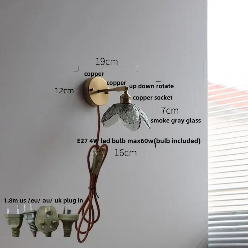 Vintage brass fluted glass bedside sconce wall light with copper smoke gray glass bedside sconce and e27 led bulb
