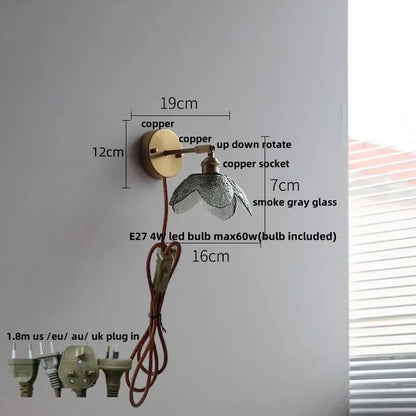 Vintage brass fluted glass bedside sconce wall light with copper smoke gray glass bedside sconce and e27 led bulb