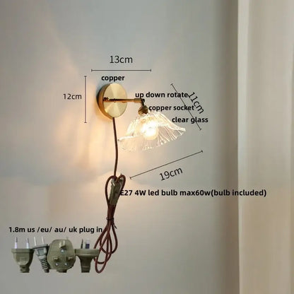 Copper vintage brass fluted glass bedside sconce wall light with clear glass shade and adjustable arm for bedroom decorbites wall light