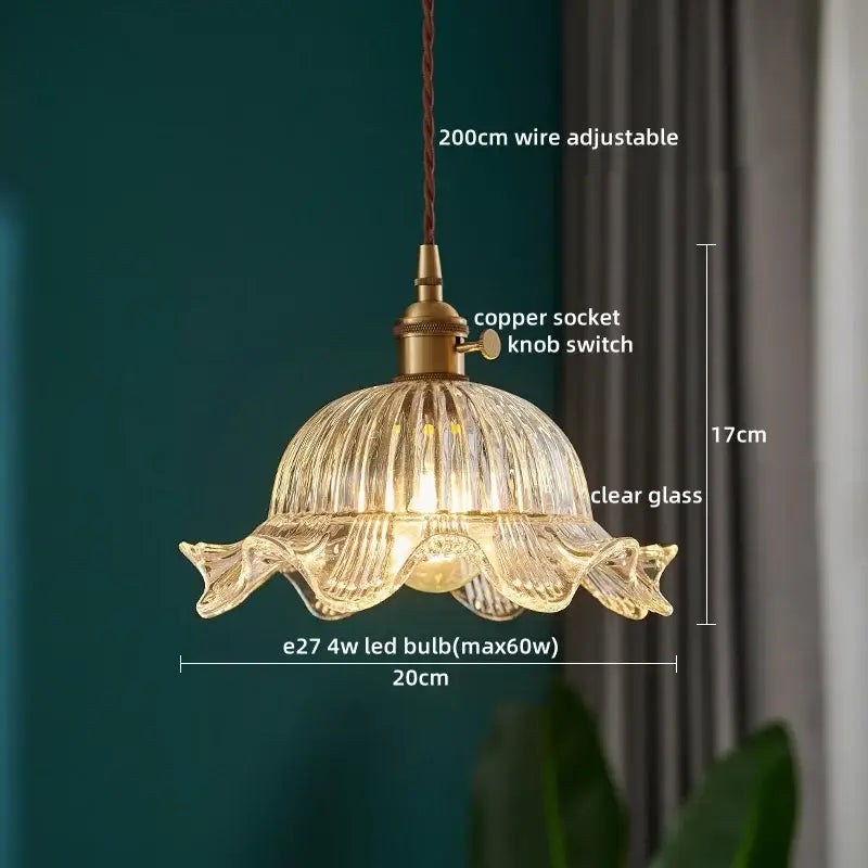 Vintage brass fluted glass led pendant with clear petal design and brass copper socket for dining room lighting