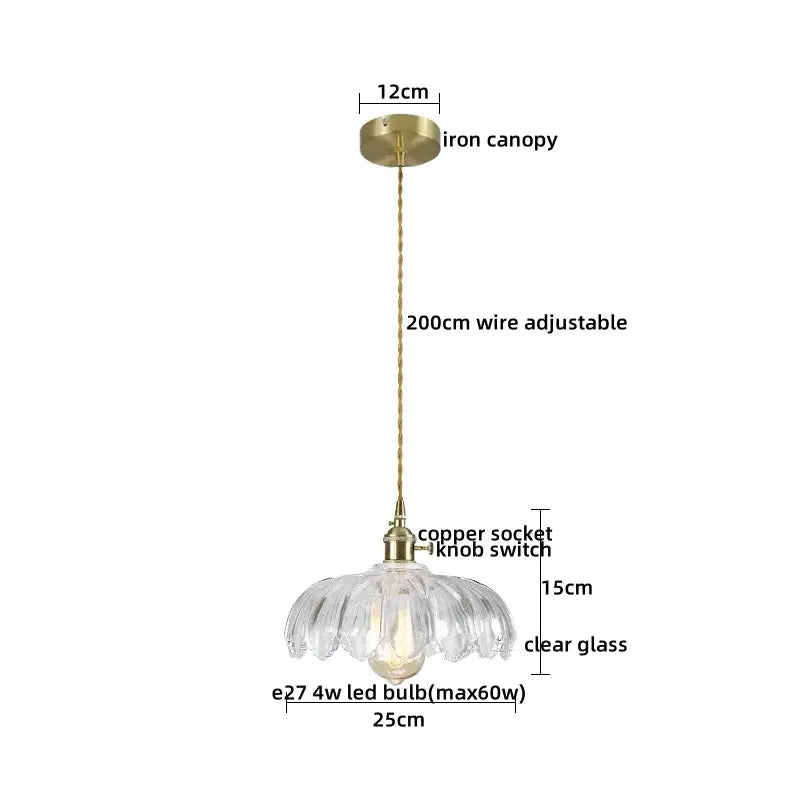 Vintage brass fluted glass led pendant with clear petal-shaped shade and adjustable 200cm wire for dining room lighting
