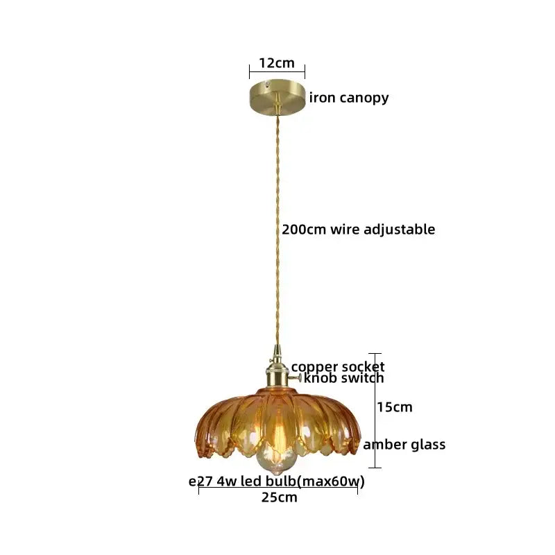 Vintage brass fluted glass led pendant with warm amber glass, brass iron canopy, and adjustable 200cm wire for dining room