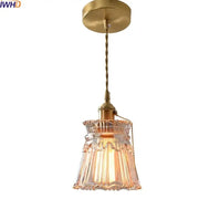 Vintage brass glass led pendant with fluted clear shade and ornate scalloped rim for dining room lighting