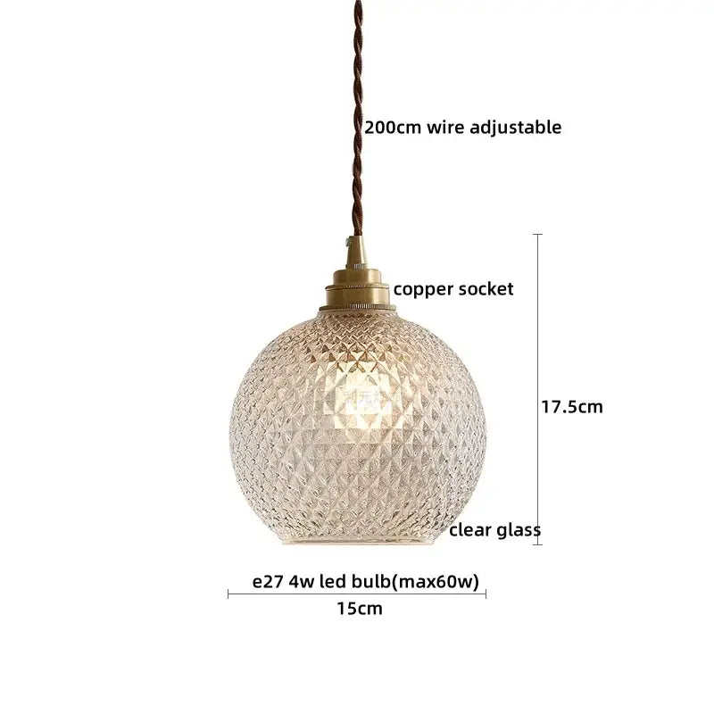 Vintage brass fluted glass led pendant light with textured diamond-patterned glass and brass copper socket for dining room