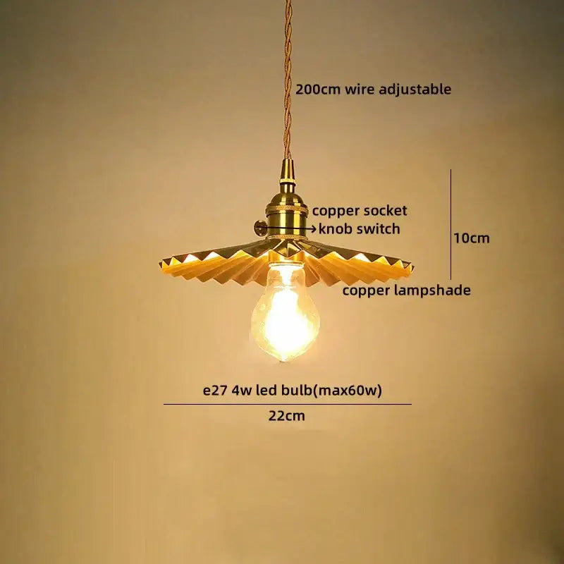 Vintage brass fluted glass led pendant with copper scalloped shade and exposed Edison bulb for dining room lighting