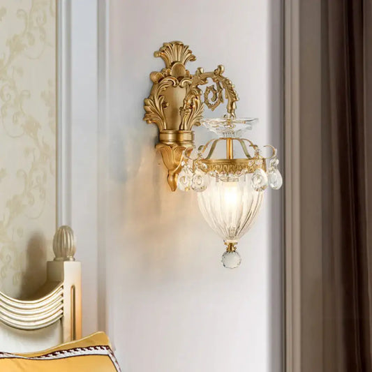 Gold-toned ornate vintage brass wall lamp with fluted glass shade and crystal accents inches high bedroom sconce
