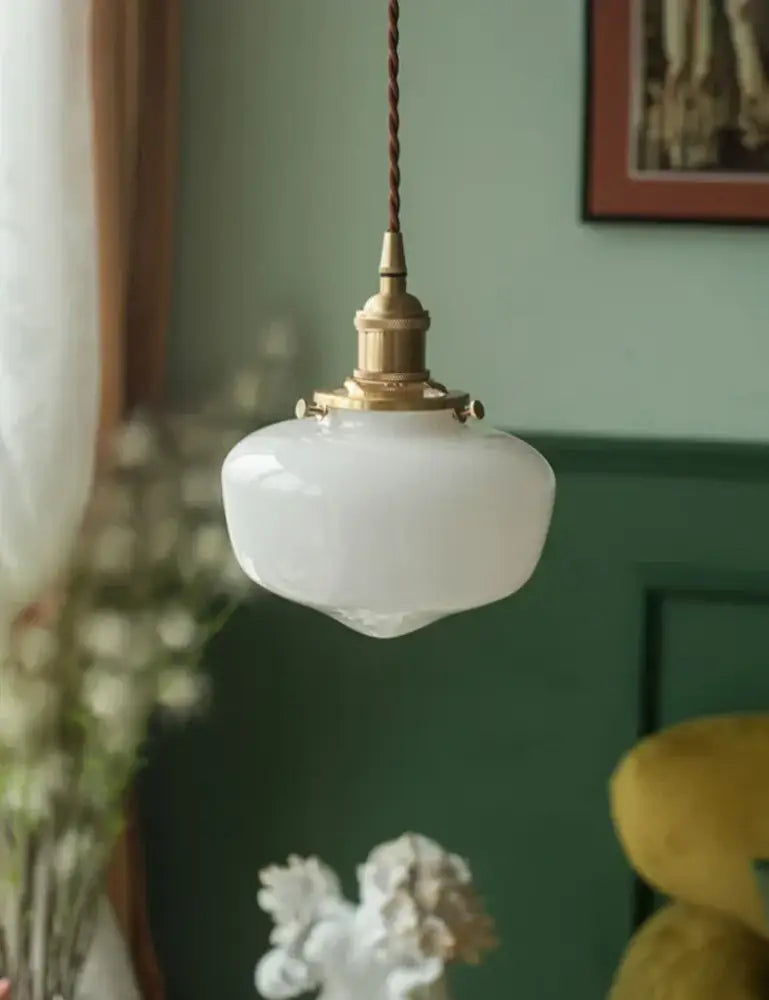 Vintage brass frosted glass shade led pendant lamp with twisted brown cord for kitchen illumination