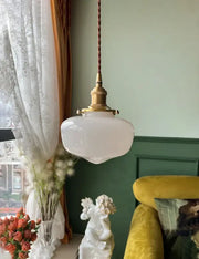 Vintage brass pendant lamp with frosted glass shade led and twisted brown cord for kitchen lighting