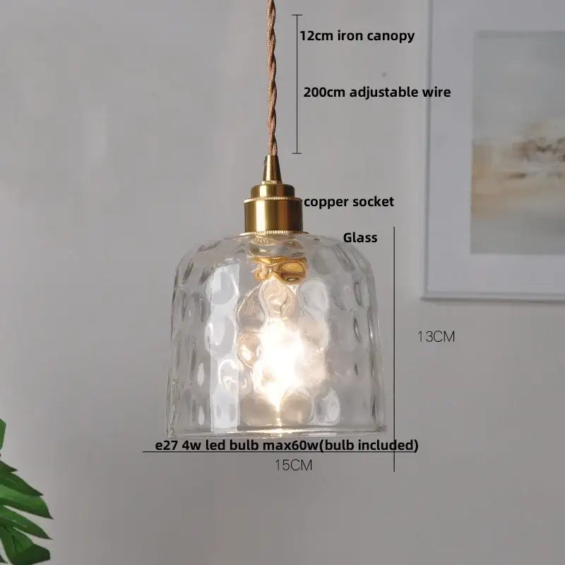 Vintage brass glass led pendant lamp featuring a clear hammered glass pendant lamp with brass copper socket and iron canopy